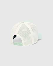 Kids Adamo Bunny Trucker Cap featuring a smooth mint green front and brim, complemented by a breathable cream mesh back and an adjustable mint green snapback closure.