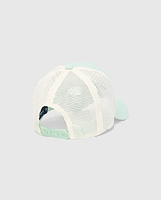 Kids Adamo Bunny Trucker Cap featuring a smooth mint green front and brim, complemented by a breathable cream mesh back and an adjustable mint green snapback closure.