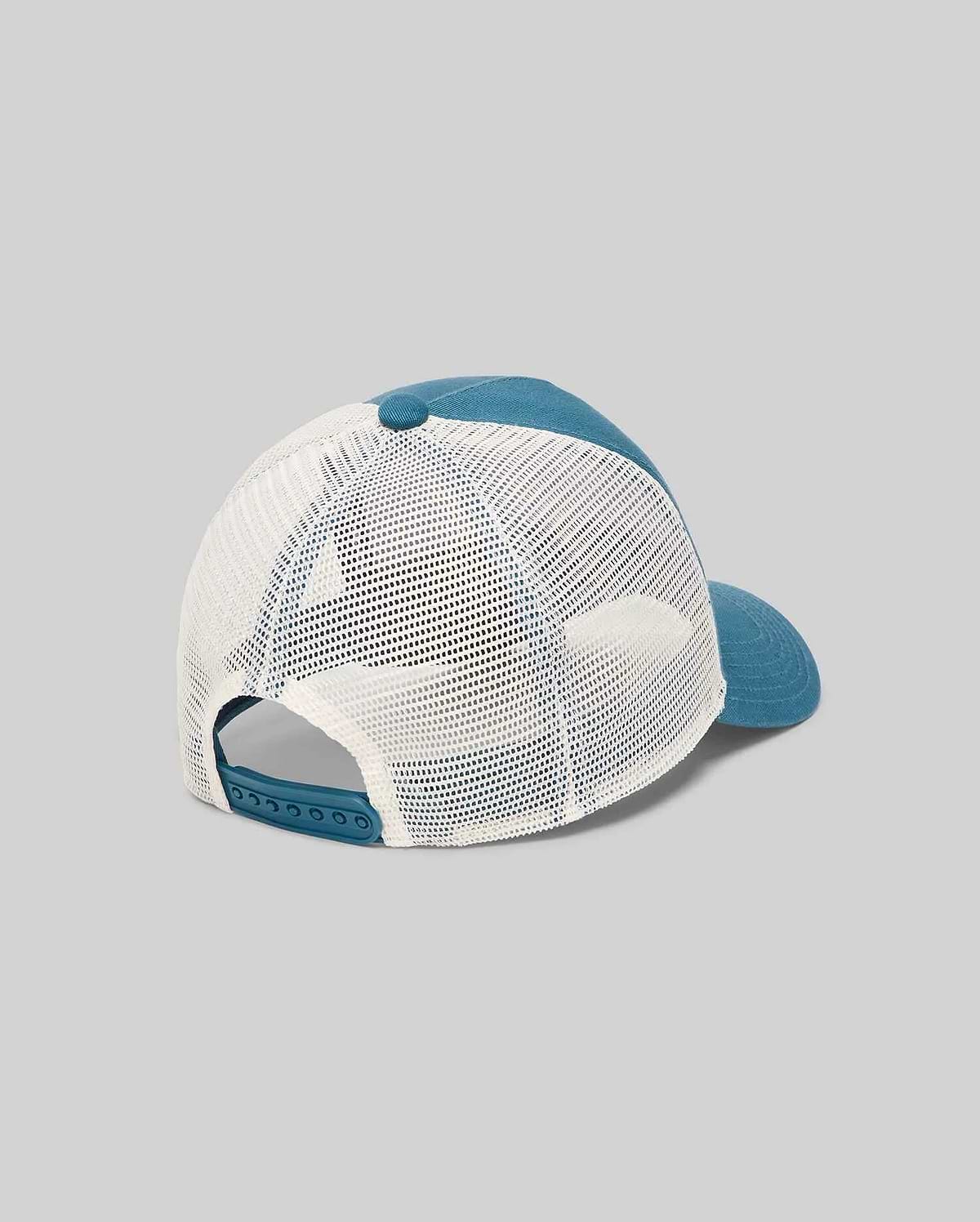 Kids Adamo Trucker Cap featuring a teal blue solid front and brim, with a breathable white mesh back and adjustable teal snapback closure. Psycho Bunny logo not visible from this angle.