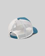 Kids Adamo Trucker Cap featuring a teal blue solid front and brim, with a breathable white mesh back and adjustable teal snapback closure. Psycho Bunny logo not visible from this angle.