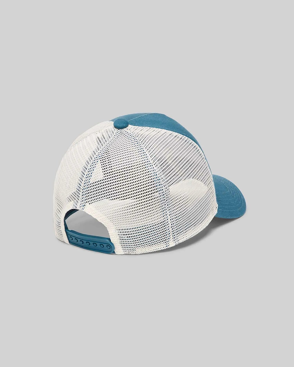 Kids Adamo Trucker Cap featuring a teal blue solid front and brim, with a breathable white mesh back and adjustable teal snapback closure. Psycho Bunny logo not visible from this angle.