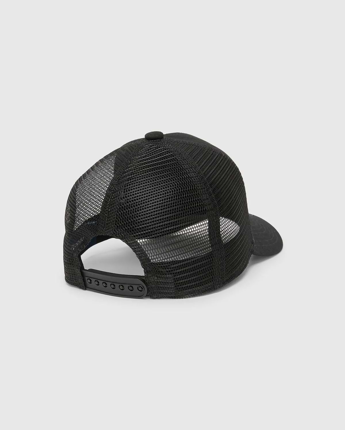 Kids Frank Trucker Cap, a sleek black cap featuring breathable mesh rear panels, a structured front, and an adjustable snapback closure for a personalized fit.