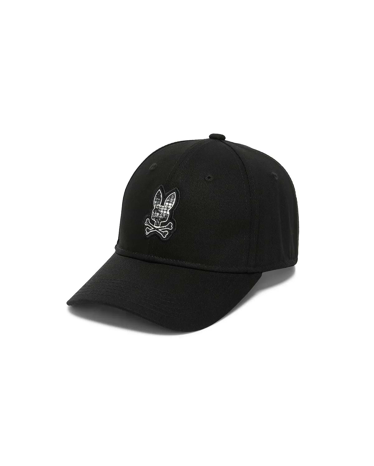 Kids' Alfie Baseball Cap, a black cotton twill baseball cap featuring a prominent embroidered Psycho Bunny skull logo with a white and grey plaid pattern fill and white crossbones on the front. (1)