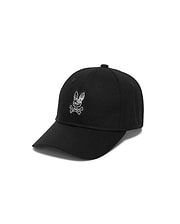 Kids' Alfie Baseball Cap, a black cotton twill baseball cap featuring a prominent embroidered Psycho Bunny skull logo with a white and grey plaid pattern fill and white crossbones on the front. (1)