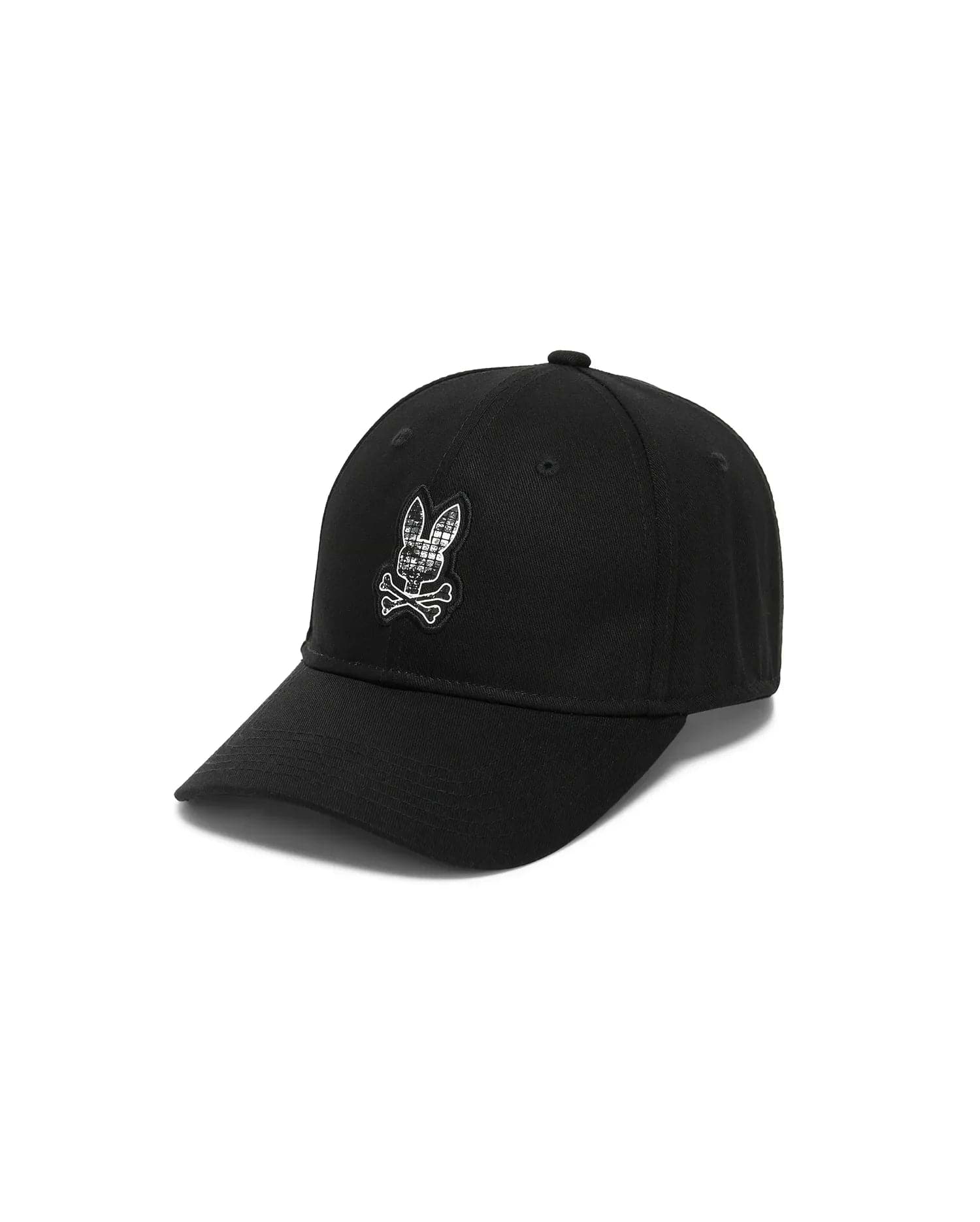 Kids' Alfie Baseball Cap, a black cotton twill baseball cap featuring a prominent embroidered Psycho Bunny skull logo with a white and grey plaid pattern fill and white crossbones on the front. (1)
