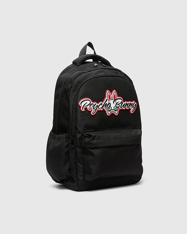 Kids Pal Backpack in black durable nylon, featuring a large central embroidered Psycho Bunny skull logo with red and white accents, a front zip pocket, and side mesh pocket.