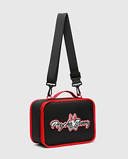 Black Kids Pal Lunch Box with vibrant red piping and handle, featuring a prominent white and red Psycho Bunny skull and text logo on the front, complete with a detachable shoulder strap.