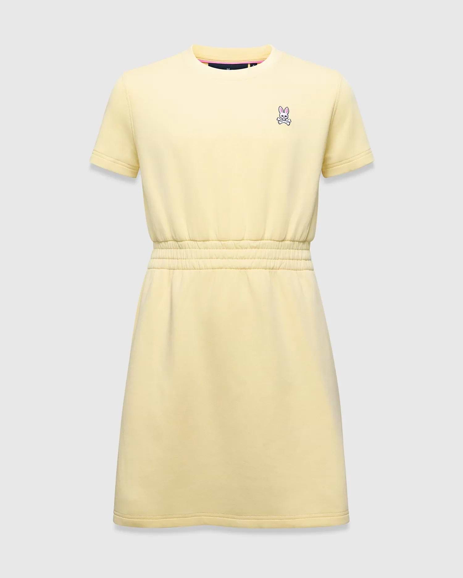 Kids Girl's Penelope Dress in pale yellow jersey, featuring a relaxed fit, crew neck, short sleeves, elasticated waist, and a small embroidered pink and white Psycho Bunny skull logo on the left chest. (5)