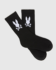 Kids 3 Pack Sport Socks, black knit with a comfortable ribbed cuff, prominently featuring the large white Psycho Bunny skull and crossbones logo on each ankle.