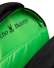 Close-up of the KIDS PSYCHO BUNNY BACKPACK - KO2400004 by Psycho Bunny in black, showing a bright green lining and the Psycho Bunny logo and name printed in black on the inner pocket of this durable canvas backpack.