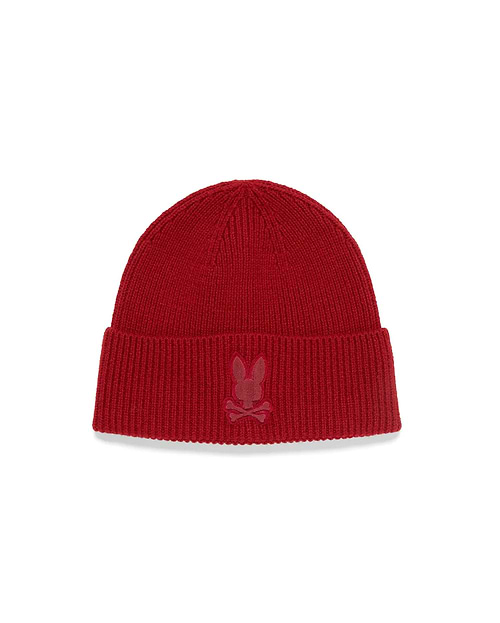 Vibrant red Kids' Leighton Merino Beanie, crafted from soft rib-knit merino wool, featuring a prominent tonal embroidered Psycho Bunny skull logo on the front cuff. (1)