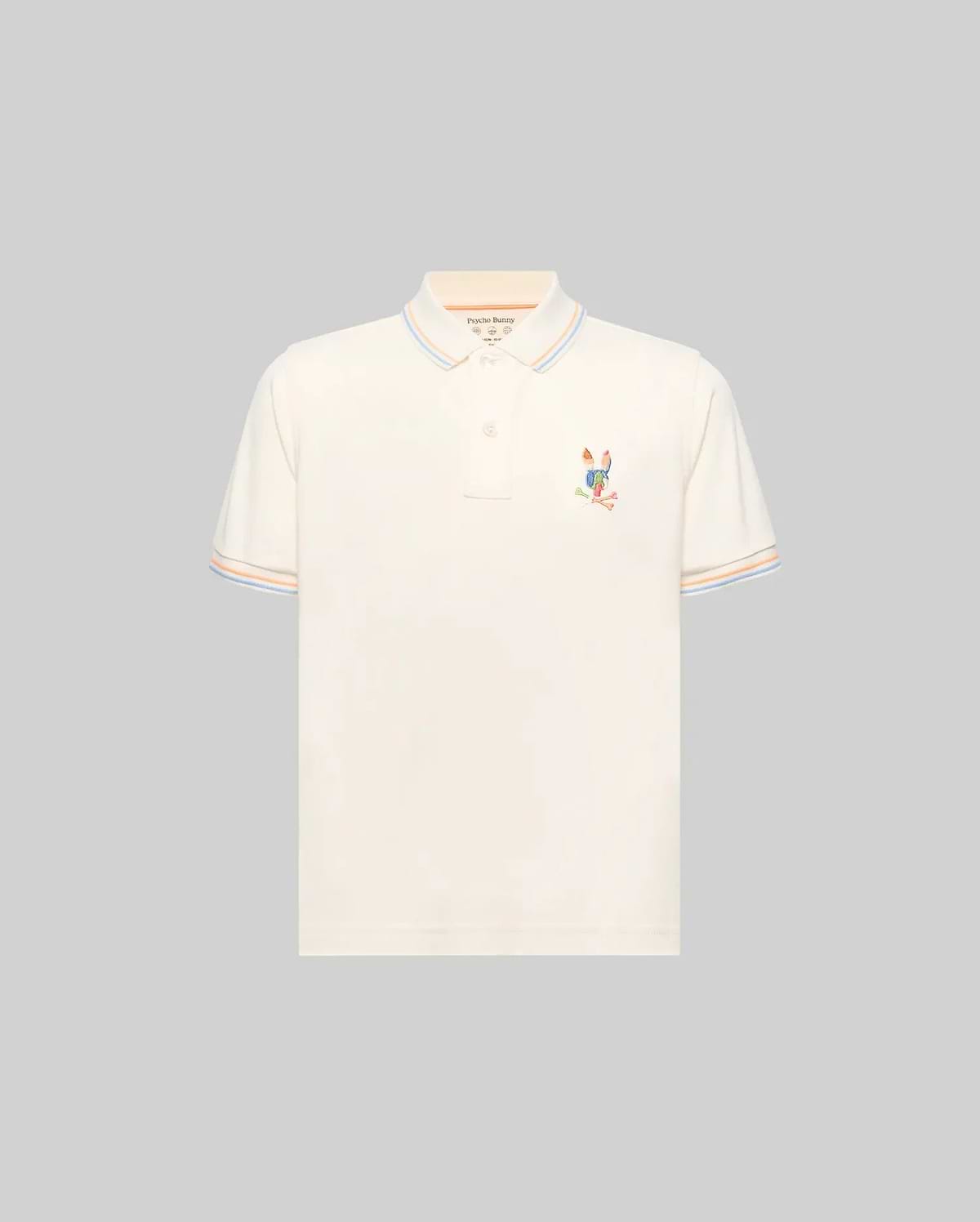 Kids Ara Pique Polo, cream classic fit pique polo with a small, multi-colored embroidered Psycho Bunny skull logo on the left chest and blue, orange, light blue striped collar and cuffs.