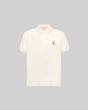 Kids Ara Pique Polo, cream classic fit pique polo with a small, multi-colored embroidered Psycho Bunny skull logo on the left chest and blue, orange, light blue striped collar and cuffs.
