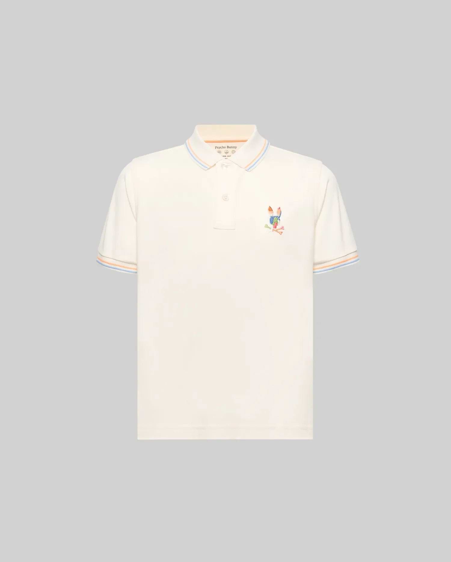Kids Ara Pique Polo, cream classic fit pique polo with a small, multi-colored embroidered Psycho Bunny skull logo on the left chest and blue, orange, light blue striped collar and cuffs.
