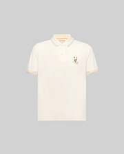 Kids Ara Pique Polo, cream classic fit pique polo with a small, multi-colored embroidered Psycho Bunny skull logo on the left chest and blue, orange, light blue striped collar and cuffs.