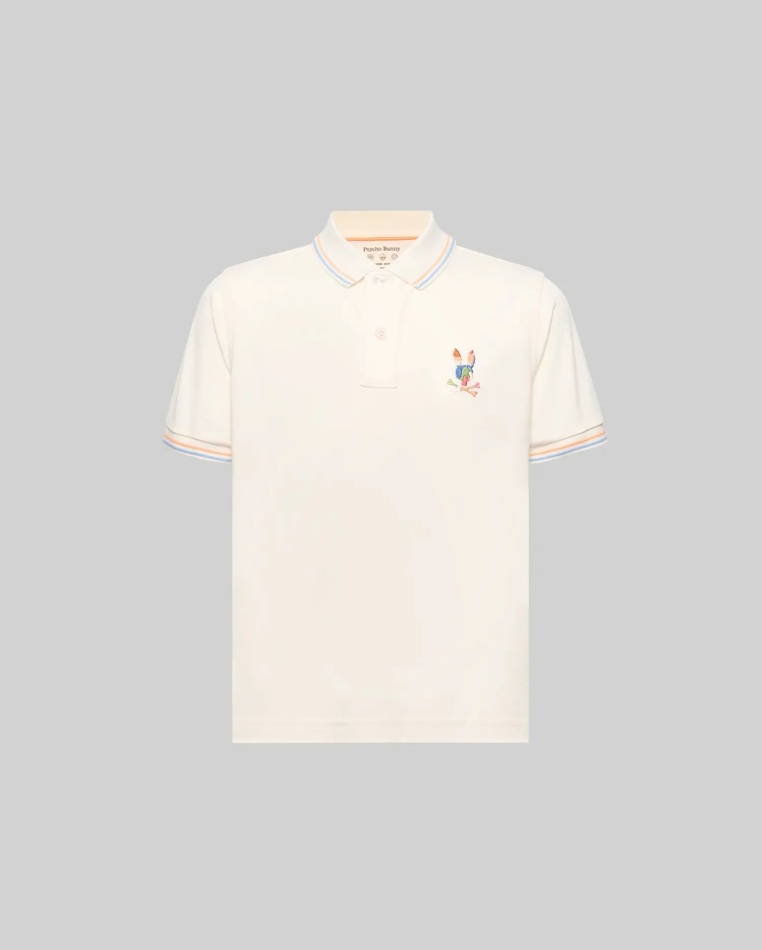 Kids Ara Pique Polo, cream classic fit pique polo with a small, multi-colored embroidered Psycho Bunny skull logo on the left chest and blue, orange, light blue striped collar and cuffs.
