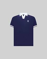 Kids Christiano Pique Polo in navy blue with a classic fit, featuring a white V-neck collar, white striped cuffs, and a small embroidered white Psycho Bunny skull logo on the left chest.