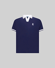 Kids Christiano Pique Polo in navy blue with a classic fit, featuring a white V-neck collar, white striped cuffs, and a small embroidered white Psycho Bunny skull logo on the left chest.
