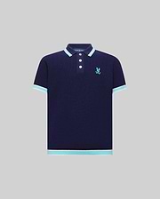 Kids Dax Knit Polo in navy, featuring a classic fit, knit texture, and a small embroidered light blue Psycho Bunny skull logo on the left chest. It has light blue and white striped collar, cuffs, and hem.
