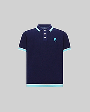 Kids Dax Knit Polo in navy, featuring a classic fit, knit texture, and a small embroidered light blue Psycho Bunny skull logo on the left chest. It has light blue and white striped collar, cuffs, and hem.