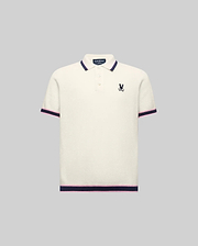 Kids Dax Knit Polo in cream, featuring a classic fit, fine knit texture, navy and pink striped collar, cuffs, and hem, with a small embroidered navy Psycho Bunny logo on the left chest.