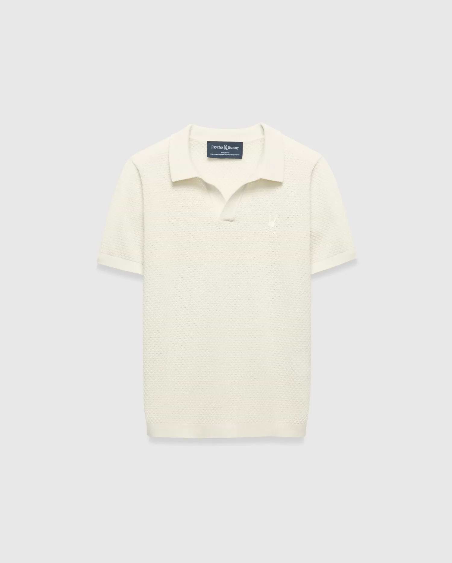 Kids Devon Knit Polo in cream, featuring a textured knit fabric, classic fit, and a small tonal embroidered Psycho Bunny skull logo on the left chest.