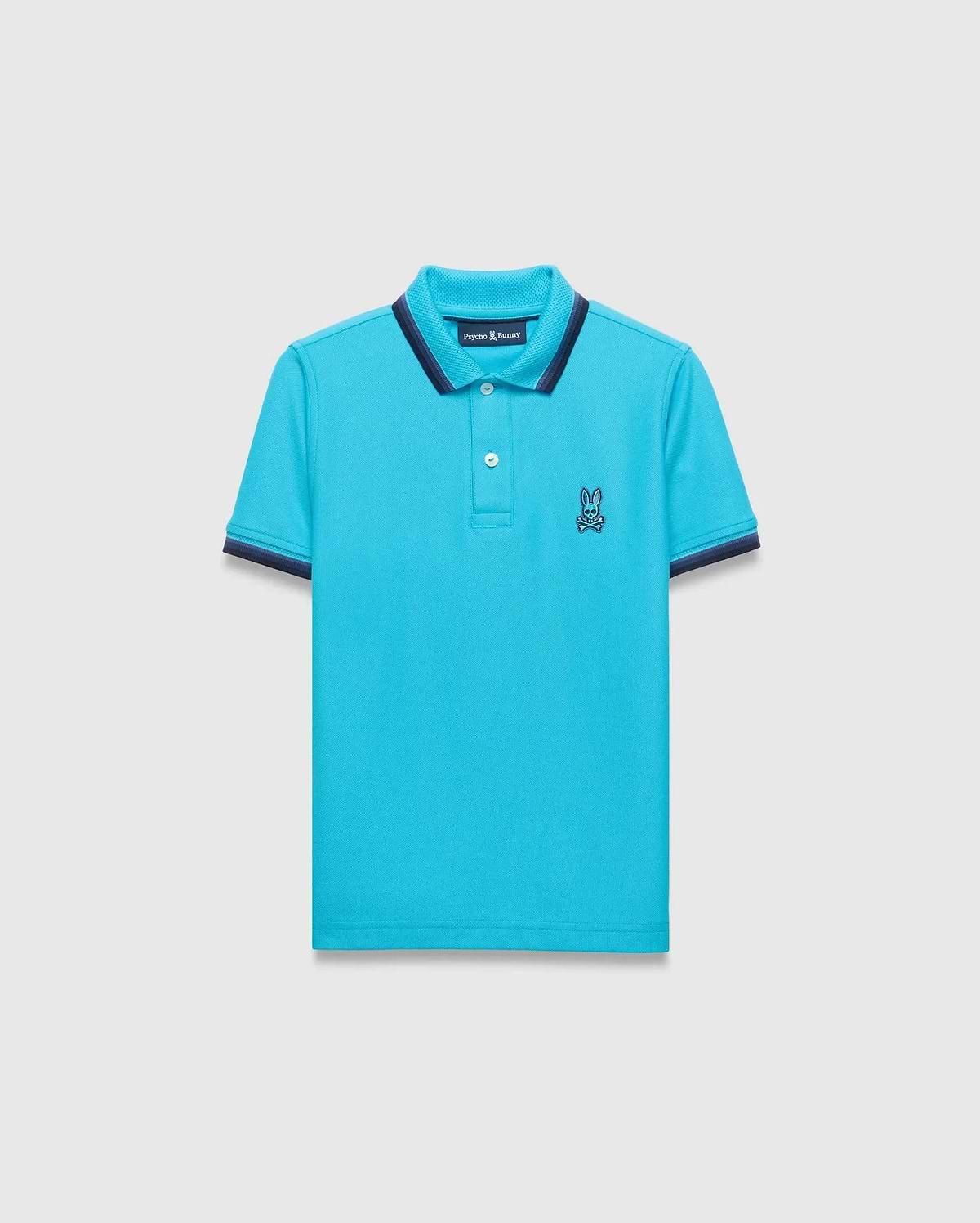 Kids Holden Pique Polo in vibrant aqua, featuring a classic fit and pique fabric. It has a navy blue striped collar and cuffs, with a small embroidered Psycho Bunny skull logo on the left chest. (5)