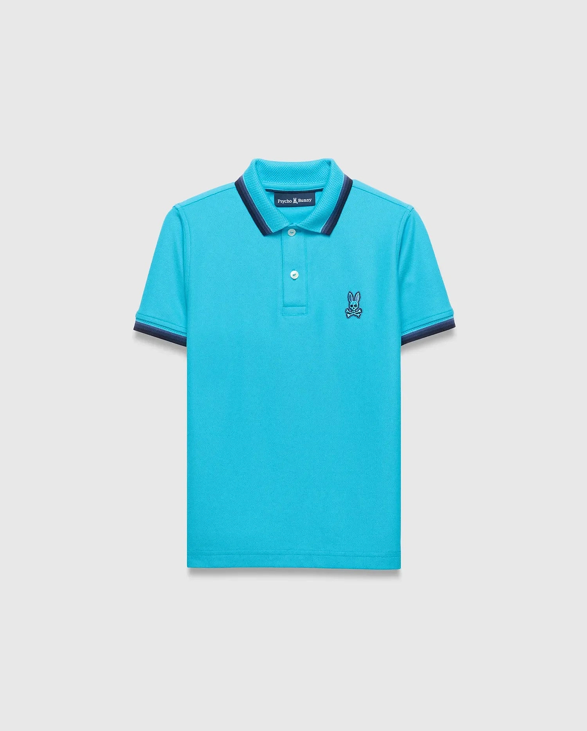 Kids Holden Pique Polo in vibrant aqua, featuring a classic fit and pique fabric. It has a navy blue striped collar and cuffs, with a small embroidered Psycho Bunny skull logo on the left chest. (5)