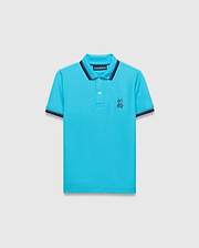 Kids Holden Pique Polo in vibrant aqua, featuring a classic fit and pique fabric. It has a navy blue striped collar and cuffs, with a small embroidered Psycho Bunny skull logo on the left chest. (5)