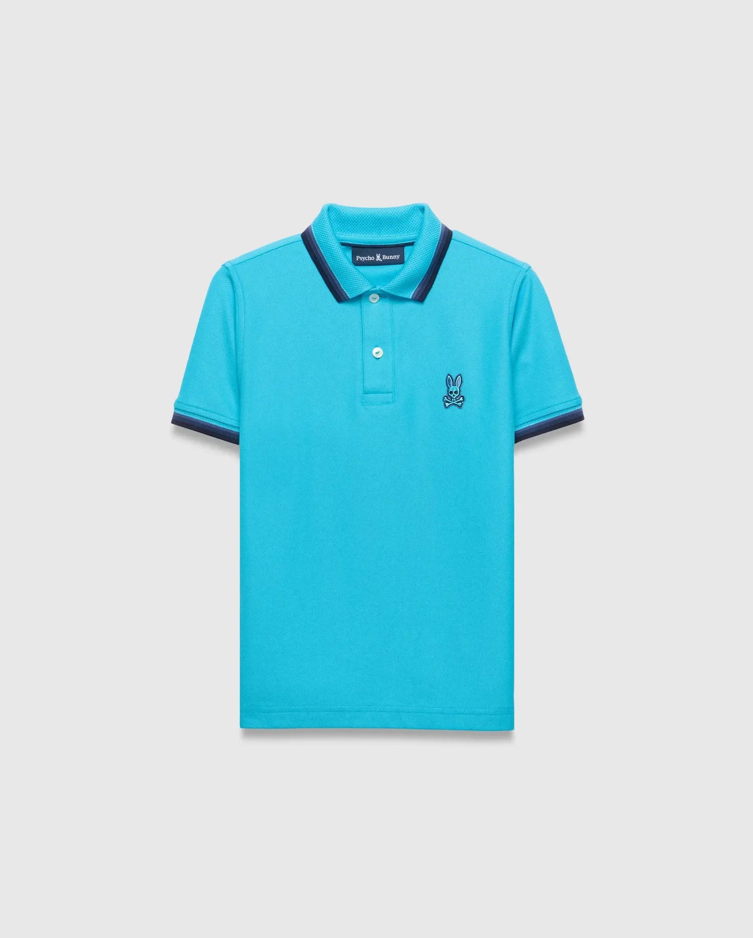 Kids Holden Pique Polo in vibrant aqua, featuring a classic fit and pique fabric. It has a navy blue striped collar and cuffs, with a small embroidered Psycho Bunny skull logo on the left chest. (5)