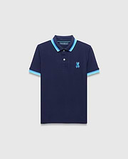 Kids Holden Pique Polo in navy blue, featuring a classic fit, textured pique fabric, a two-button placket, and a light blue double-striped ribbed collar and cuffs, with an embroidered Psycho Bunny skull logo on the left chest. (5)