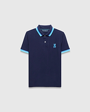 Kids Holden Pique Polo in navy blue, featuring a classic fit, textured pique fabric, a two-button placket, and a light blue double-striped ribbed collar and cuffs, with an embroidered Psycho Bunny skull logo on the left chest. (5)