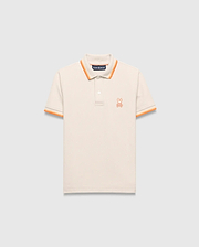 Kids Holden Pique Polo, cream classic fit pique polo with orange striped collar and cuffs, featuring a small embroidered orange Psycho Bunny skull logo on the left chest.
