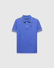 Kids Brad Pique Polo, royal blue classic fit pique polo with white tipped collar and cuffs, featuring a small embroidered purple Psycho Bunny skull logo on the left chest.