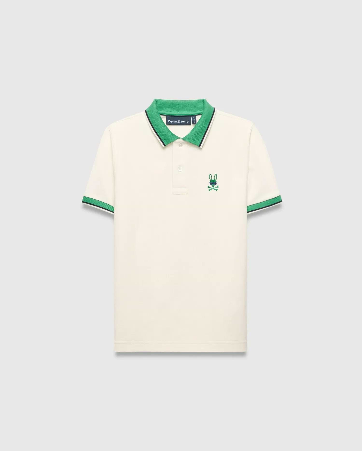 Kids Sunny Pique Polo in cream pique, classic fit, with a vibrant green collar, green and navy striped cuffs, and an embroidered green and blue Psycho Bunny skull logo on the left chest. (5)