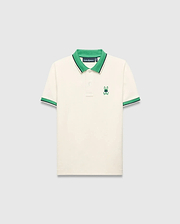 Kids Sunny Pique Polo in cream pique, classic fit, with a vibrant green collar, green and navy striped cuffs, and an embroidered green and blue Psycho Bunny skull logo on the left chest. (5)