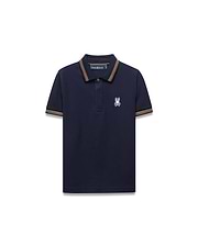 Kids Jaydon Pique Polo in navy, featuring a classic fit and pique texture. It has orange, brown, and white striped collar and cuffs, with a small embroidered Psycho Bunny skull logo on the left chest.