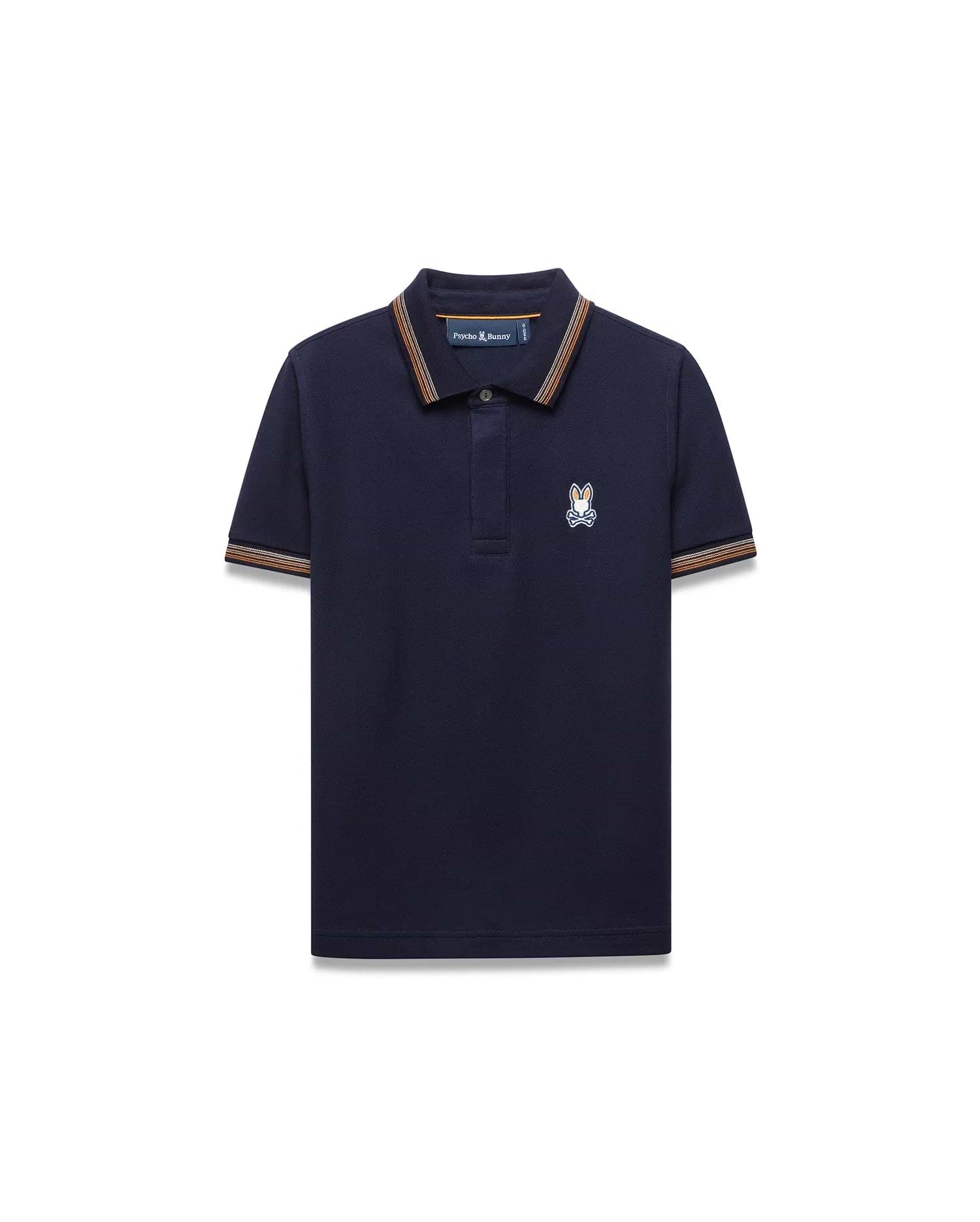 Kids Jaydon Pique Polo in navy, featuring a classic fit and pique texture. It has orange, brown, and white striped collar and cuffs, with a small embroidered Psycho Bunny skull logo on the left chest.