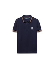 Kids Jaydon Pique Polo in navy, featuring a classic fit and pique texture. It has orange, brown, and white striped collar and cuffs, with a small embroidered Psycho Bunny skull logo on the left chest.
