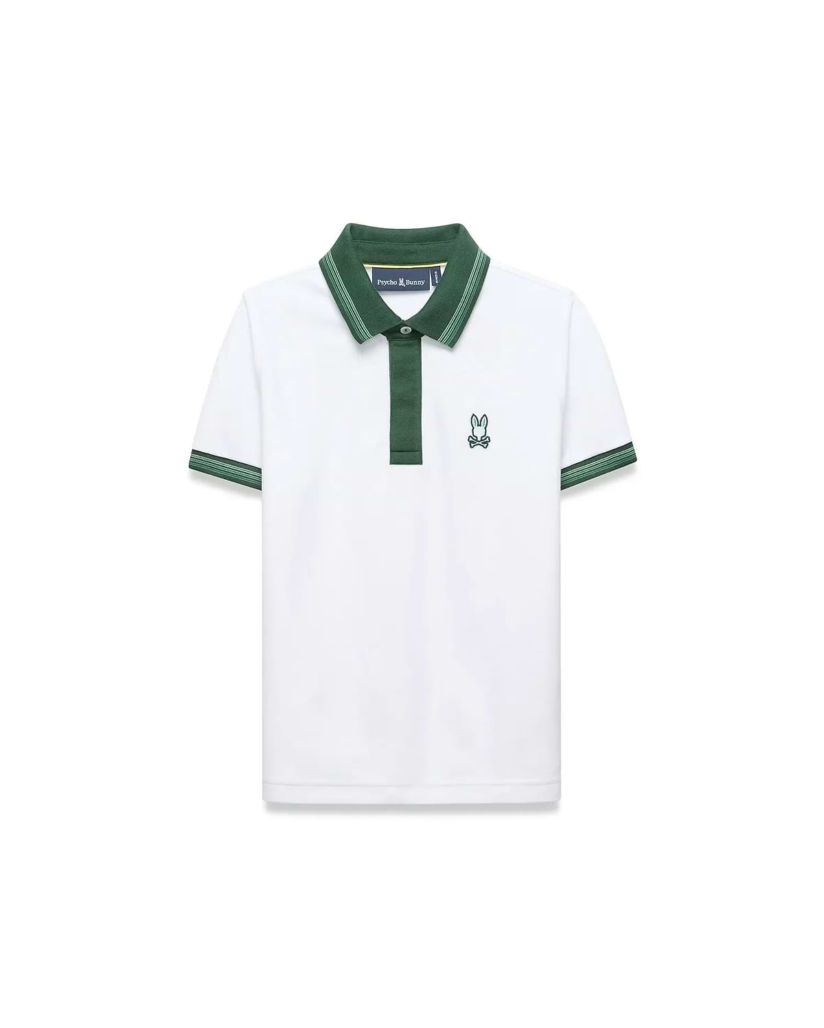 Kids Jaydon Pique Polo, white classic fit with a green collar, placket, and green striped cuffs. Features an embroidered green Psycho Bunny skull logo on the left chest.