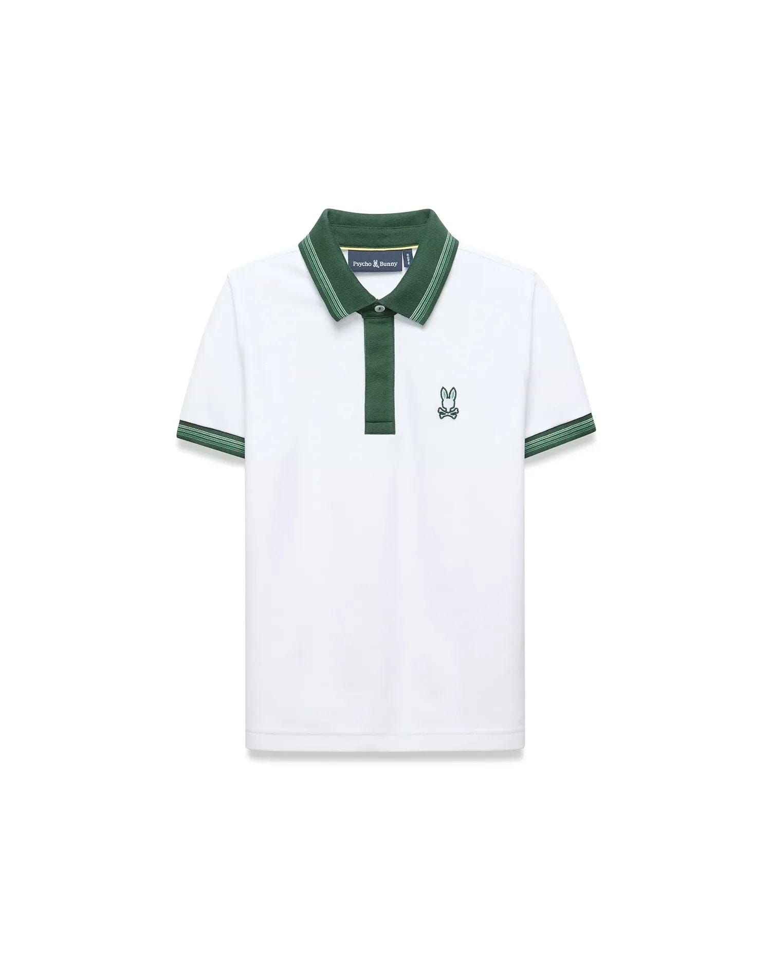 Kids Jaydon Pique Polo, white classic fit with a green collar, placket, and green striped cuffs. Features an embroidered green Psycho Bunny skull logo on the left chest.