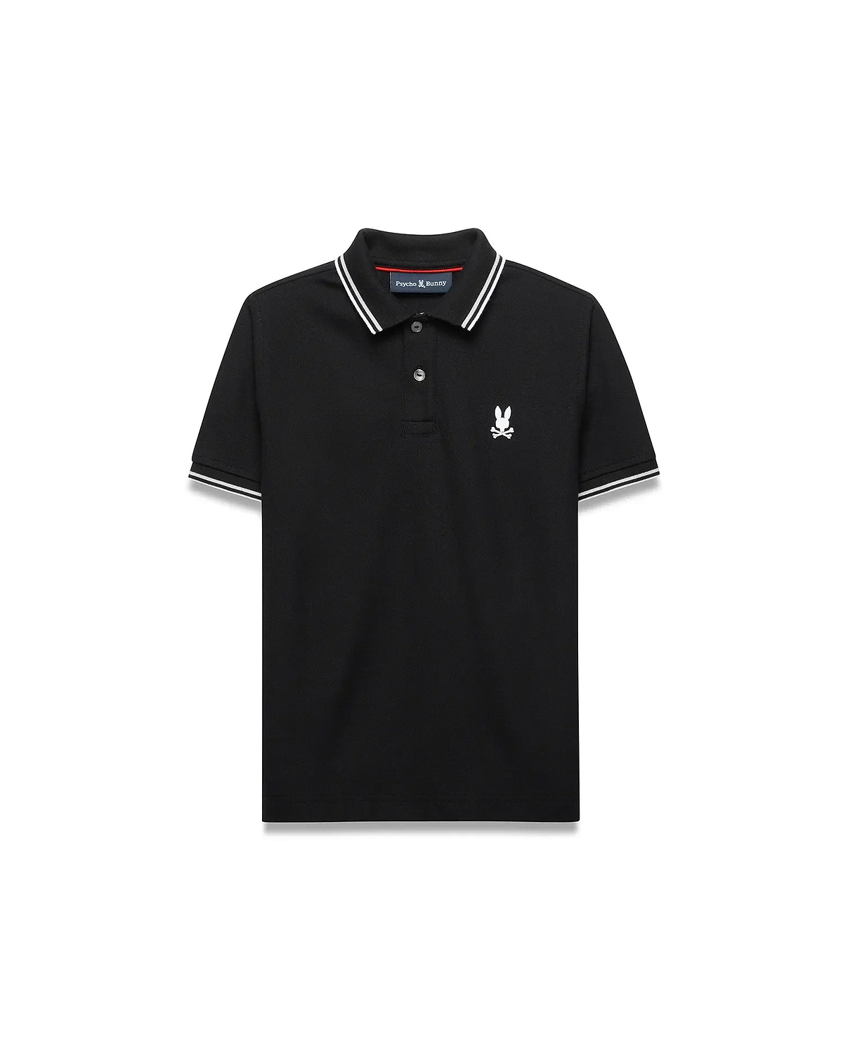 Kids Stan Pique Polo. Black classic fit pique polo with white double-striped collar and cuffs, red neck tape, and small white embroidered Psycho Bunny skull logo on left chest. (5)