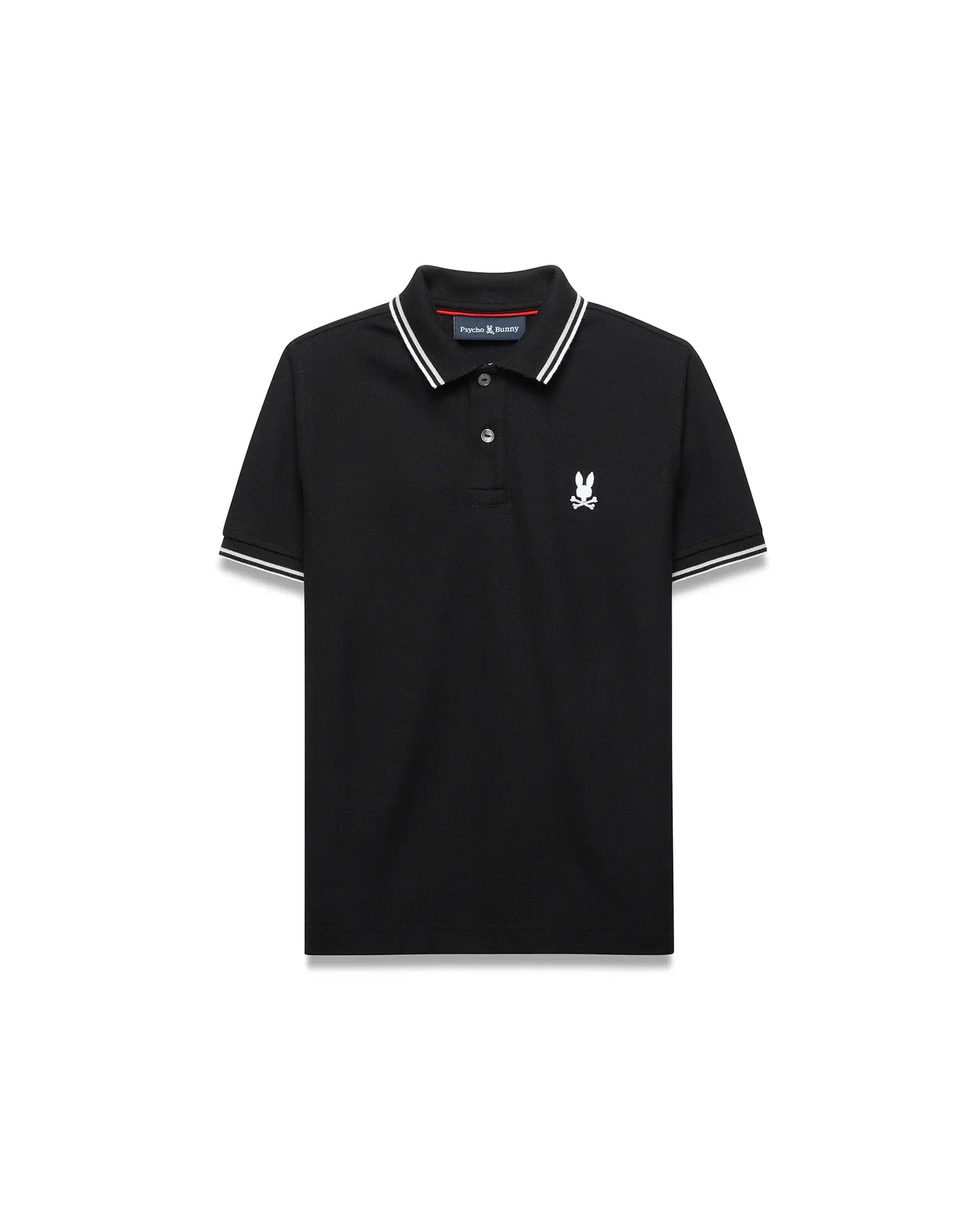 Kids Stan Pique Polo. Black classic fit pique polo with white double-striped collar and cuffs, red neck tape, and small white embroidered Psycho Bunny skull logo on left chest. (5)