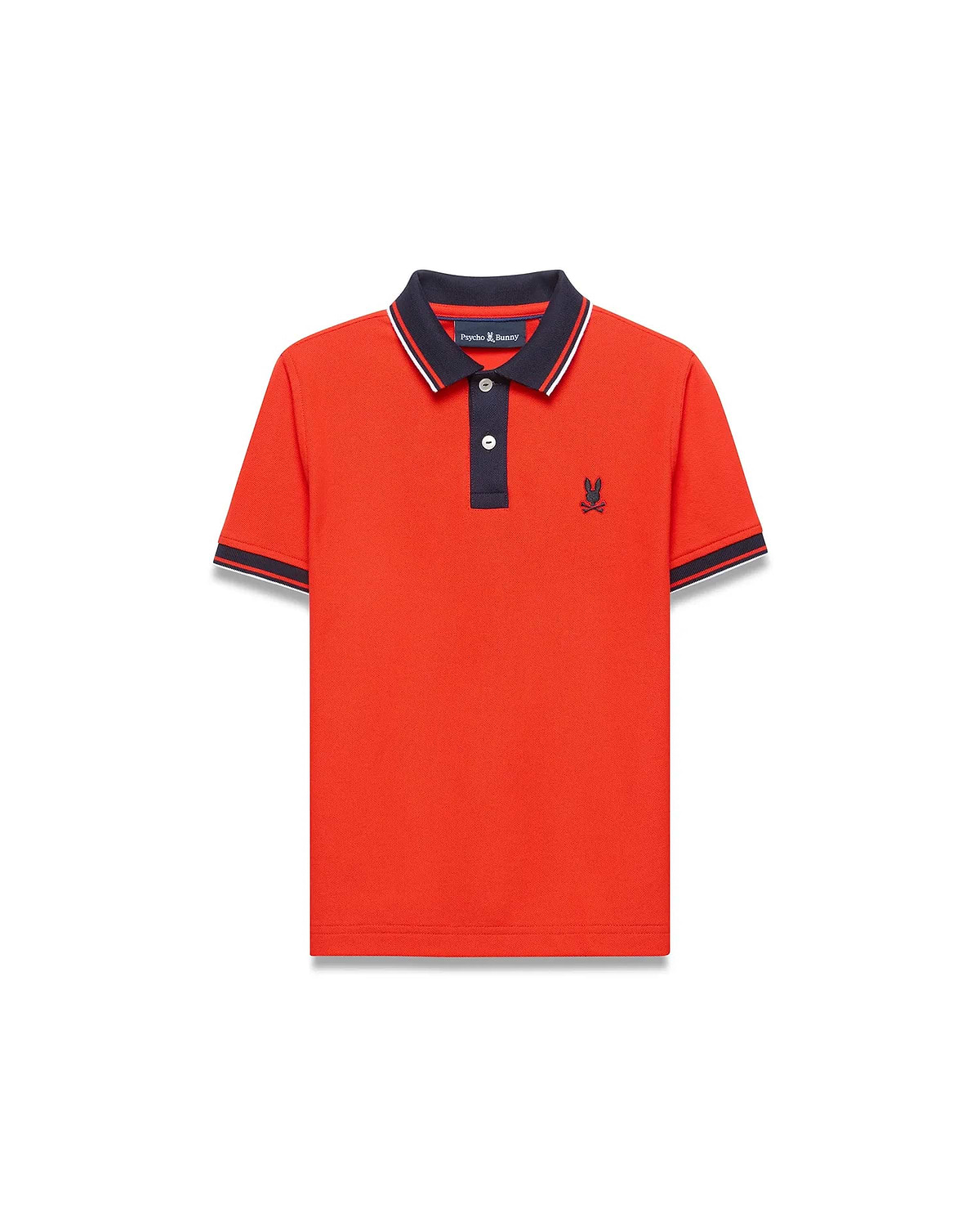 Kids Stan Pique Polo in vibrant orange-red pique knit, featuring a navy collar with white stripe, navy placket, and striped cuffs. Classic fit with small embroidered navy Psycho Bunny skull logo on left chest. (3)