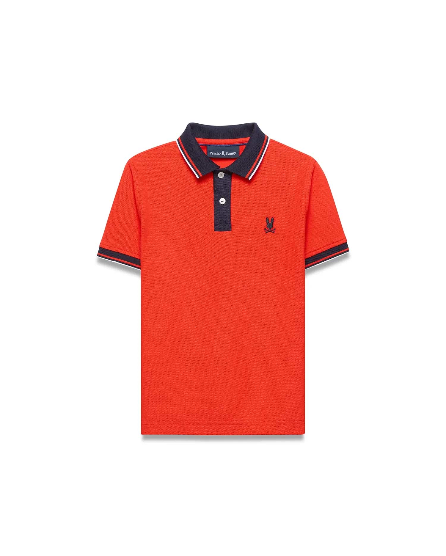Kids Stan Pique Polo in vibrant orange-red pique knit, featuring a navy collar with white stripe, navy placket, and striped cuffs. Classic fit with small embroidered navy Psycho Bunny skull logo on left chest. (3)