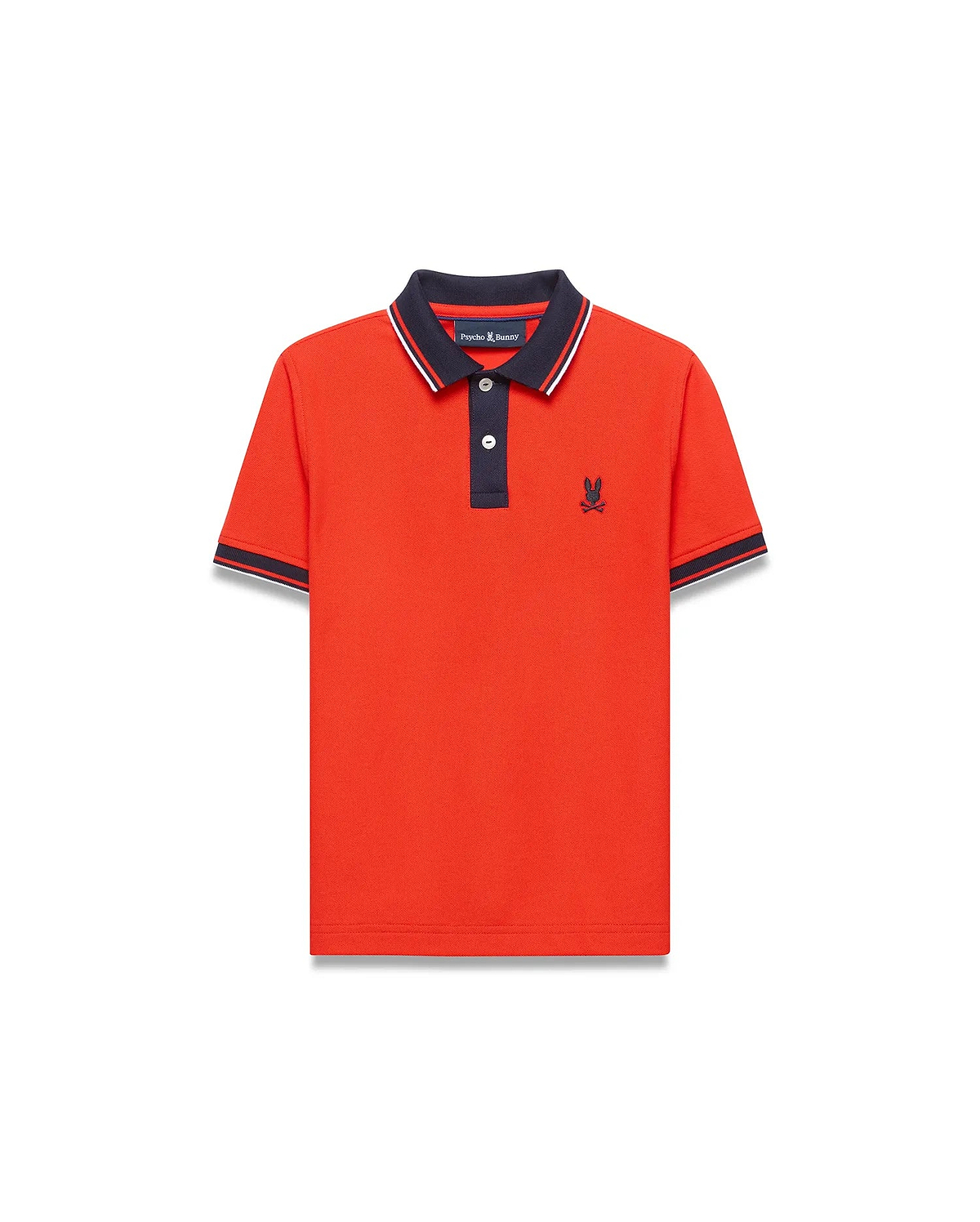 Kids Stan Pique Polo in vibrant orange-red pique knit, featuring a navy collar with white stripe, navy placket, and striped cuffs. Classic fit with small embroidered navy Psycho Bunny skull logo on left chest. (3)
