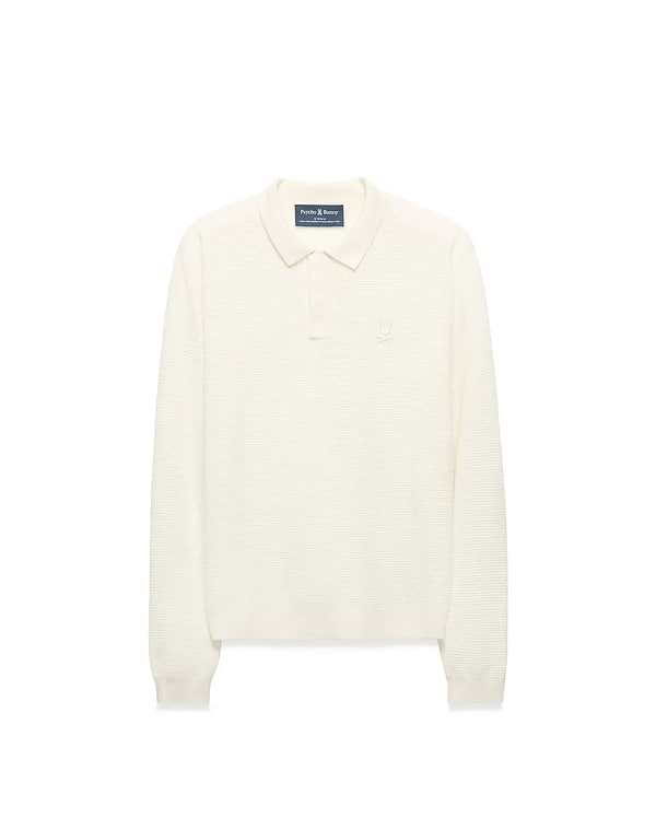 Kids' Leroy Longsleeve Knit Polo in cream, featuring a classic fit, ribbed knit texture, two-button placket, and small embroidered Psycho Bunny skull logo on the left chest. (1)