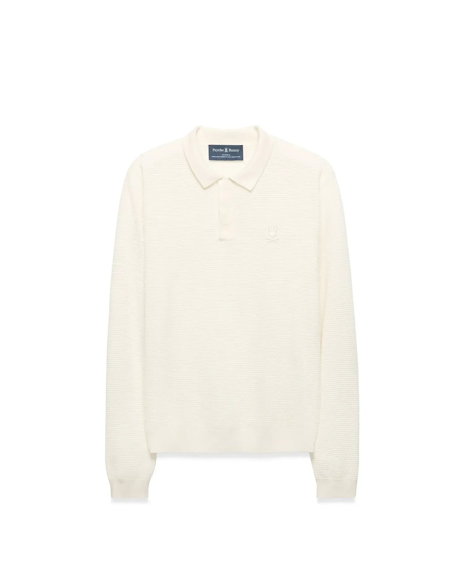 Kids' Leroy Longsleeve Knit Polo in cream, featuring a classic fit, ribbed knit texture, two-button placket, and small embroidered Psycho Bunny skull logo on the left chest. (1)