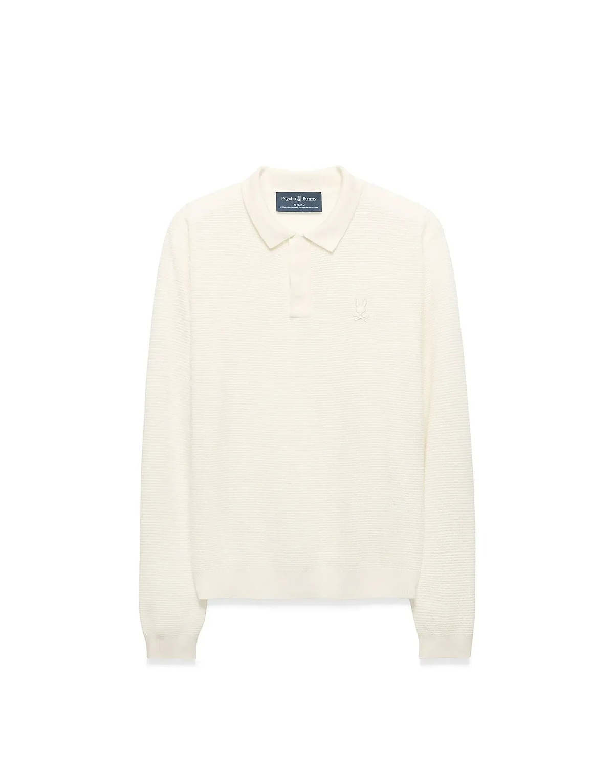 Kids' Leroy Longsleeve Knit Polo in cream, featuring a classic fit, ribbed knit texture, two-button placket, and small embroidered Psycho Bunny skull logo on the left chest. (1)