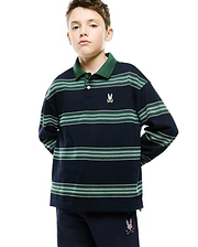 Kids Drew Striped L/S Pique Polo in navy with light green and white horizontal stripes, a dark green collar, two-button placket, and a small embroidered white Psycho Bunny skull logo on the left chest.